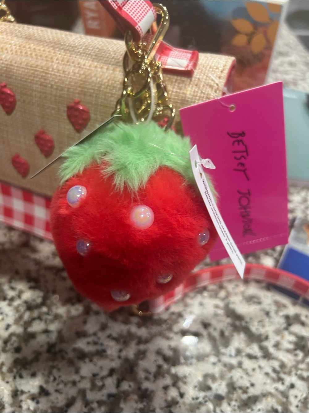 NWT Betsey Johnson Red and Cream Gingham Strawberry Crossbody Bag - Picture 2 of 7